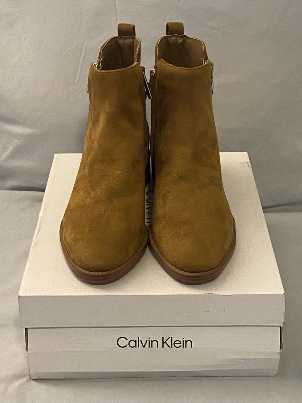 Calvin Klein Mustard Tan Suede Ankle Booties with Metallic Heel Accent